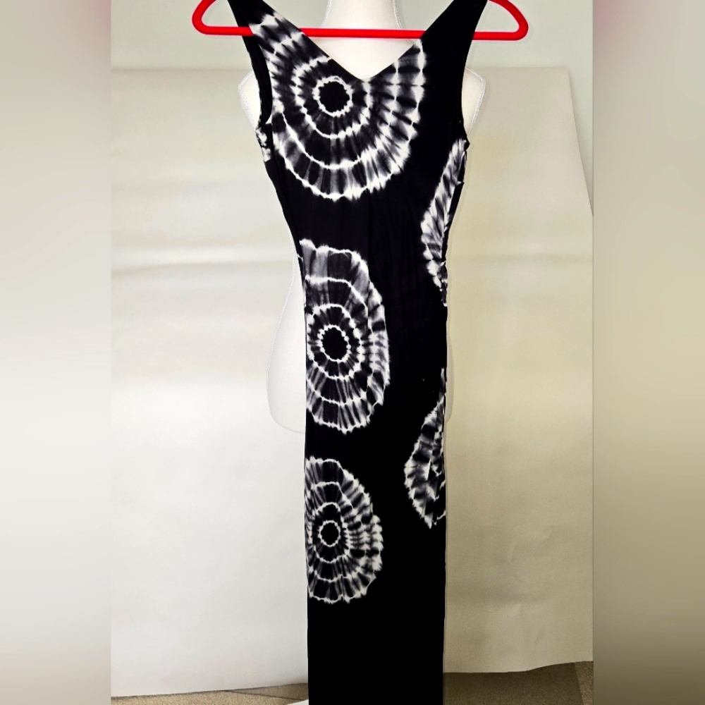 NWOT INC BLACK & White Swirl Dress W Fringe Hem. Double Lined Sleeveless Size XS